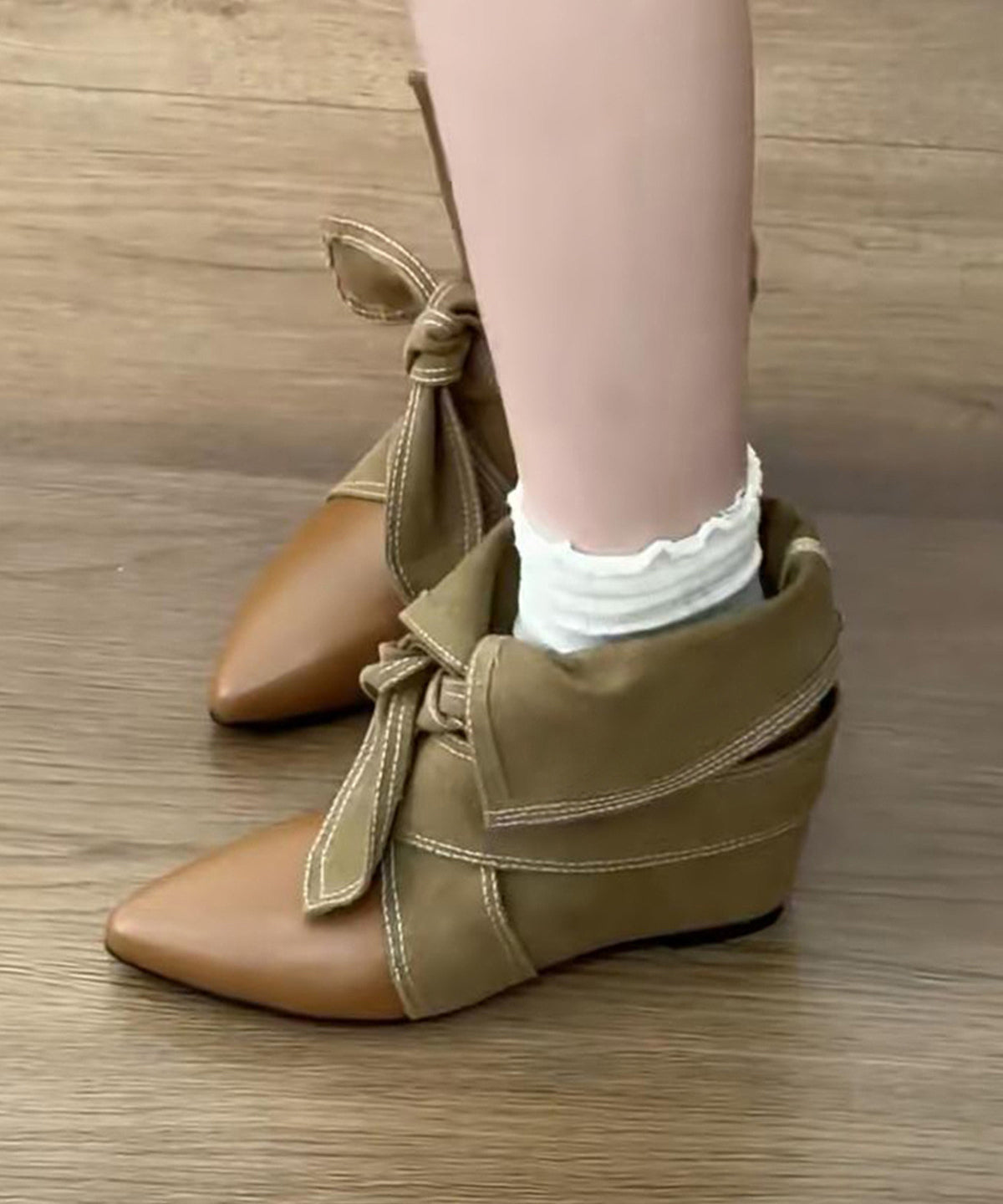 Brown Wedge Cowhide Leather Fine Splicing Boots Pointed Toe