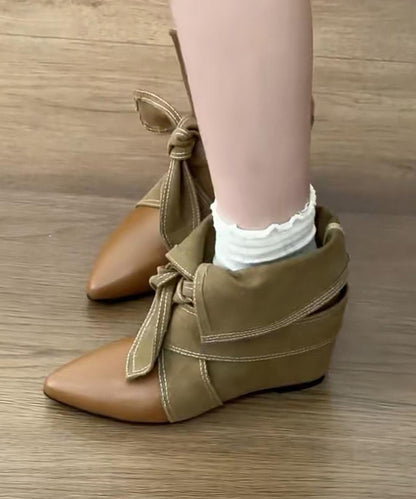 Brown Wedge Cowhide Leather Fine Splicing Boots Pointed Toe