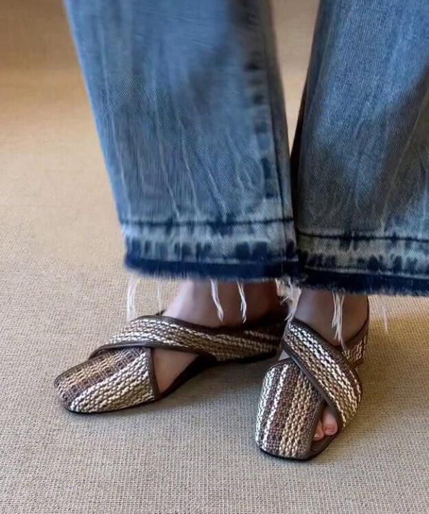 Brown Wedge Faux Leather Comfortable Splicing Slide Sandals