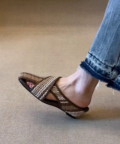 Brown Wedge Faux Leather Comfortable Splicing Slide Sandals