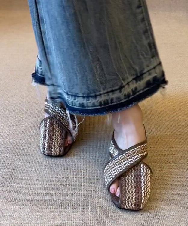 Brown Wedge Faux Leather Comfortable Splicing Slide Sandals