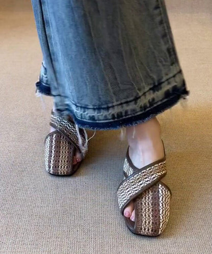 Brown Wedge Faux Leather Comfortable Splicing Slide Sandals