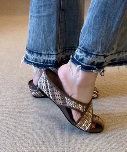 Brown Wedge Faux Leather Comfortable Splicing Slide Sandals