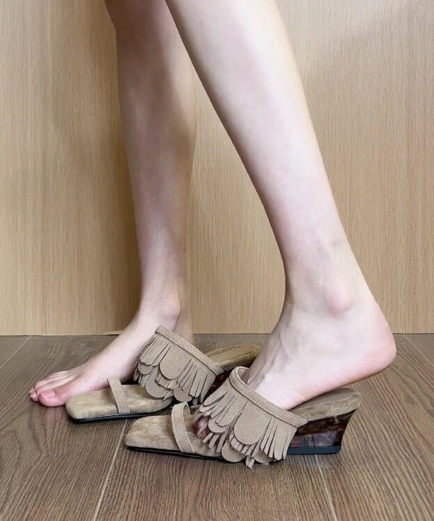 Brown Wedge Suede Boutique Tassel Splicing Slide Sandals