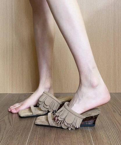 Brown Wedge Suede Boutique Tassel Splicing Slide Sandals