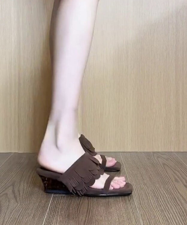 Brown Wedge Suede Boutique Tassel Splicing Slide Sandals