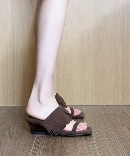 Brown Wedge Suede Boutique Tassel Splicing Slide Sandals
