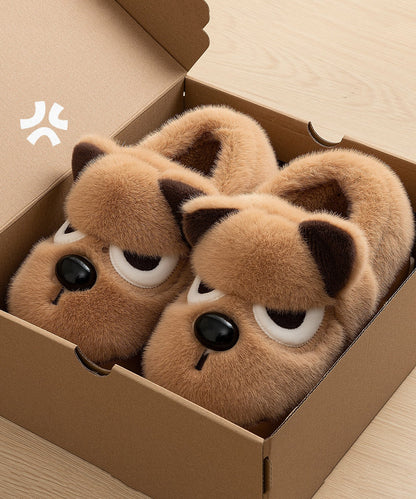 Brown Women Splicing Cartoon Fuzzy Fur Flat Feet Shoes
