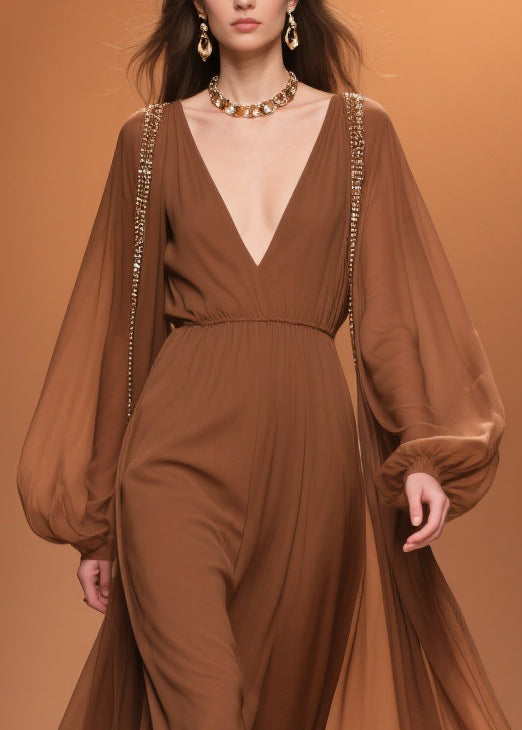 Brown Wrinkled High Waist Chiffon Maxi Dresses V Neck Spring