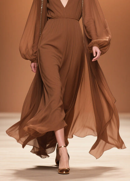 Brown Wrinkled High Waist Chiffon Maxi Dresses V Neck Spring