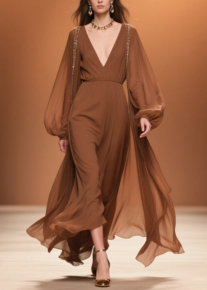Brown Wrinkled High Waist Chiffon Maxi Dresses V Neck Spring