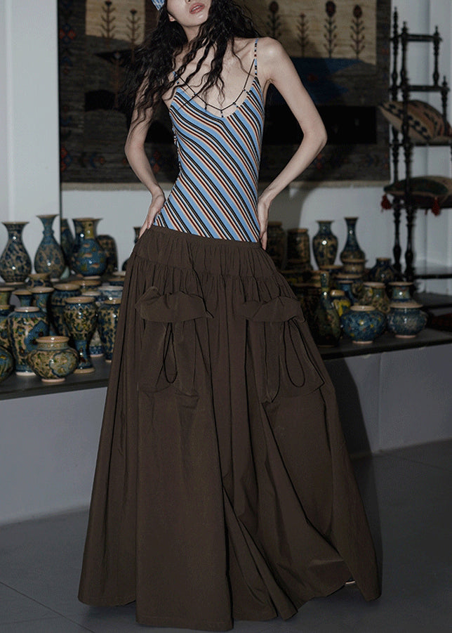 Brown Wrinkled Pockets Patchwork Cotton Sleeveless Long Dresses Striped