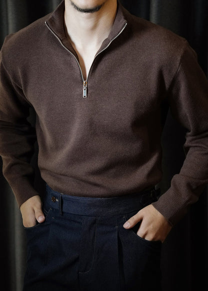 Brown Zip Up Thick Knit Mens Short Sweater Stand Collar