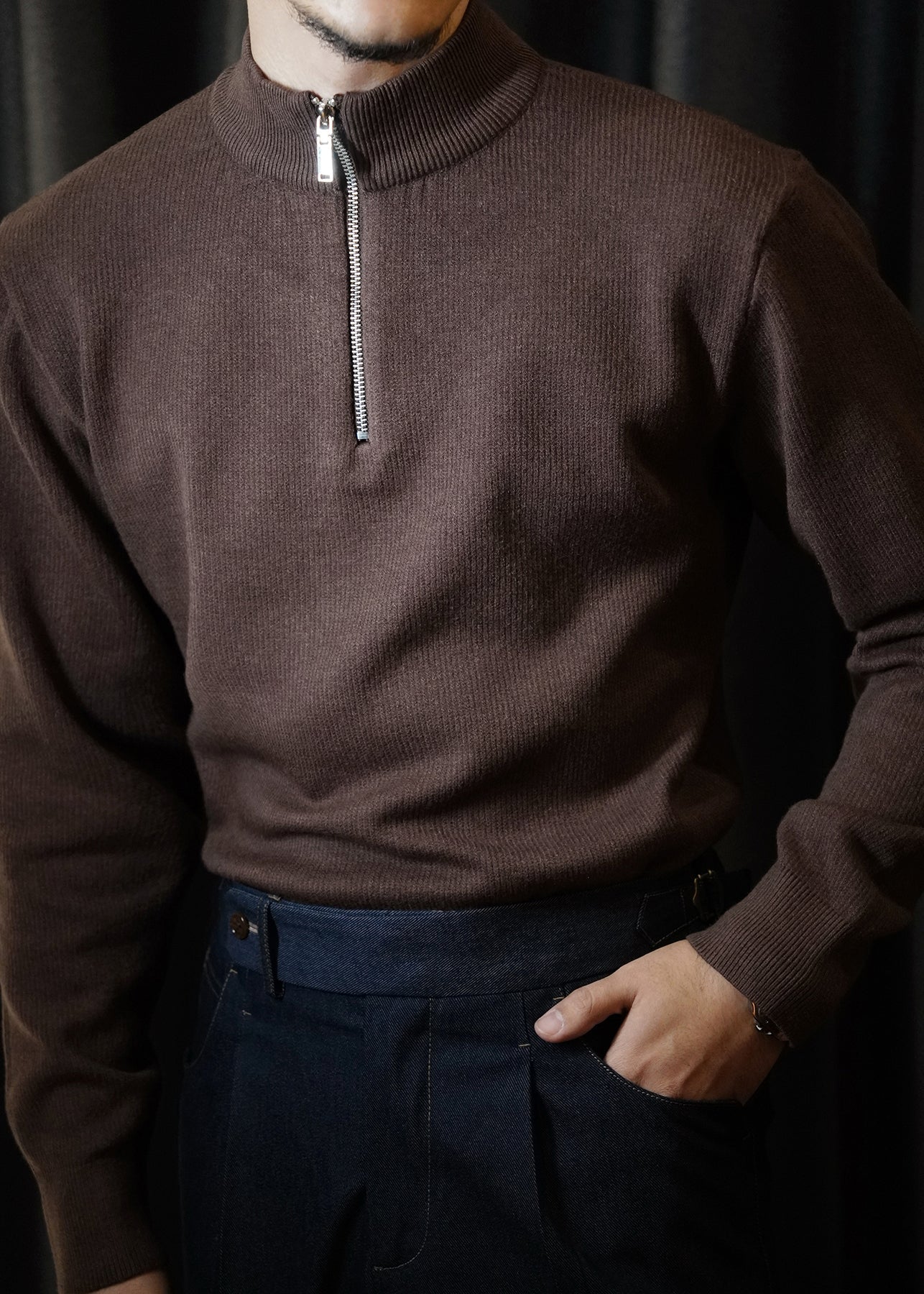 Brown Zip Up Thick Knit Mens Short Sweater Stand Collar