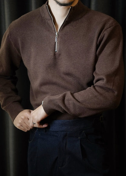 Brown Zip Up Thick Knit Mens Short Sweater Stand Collar