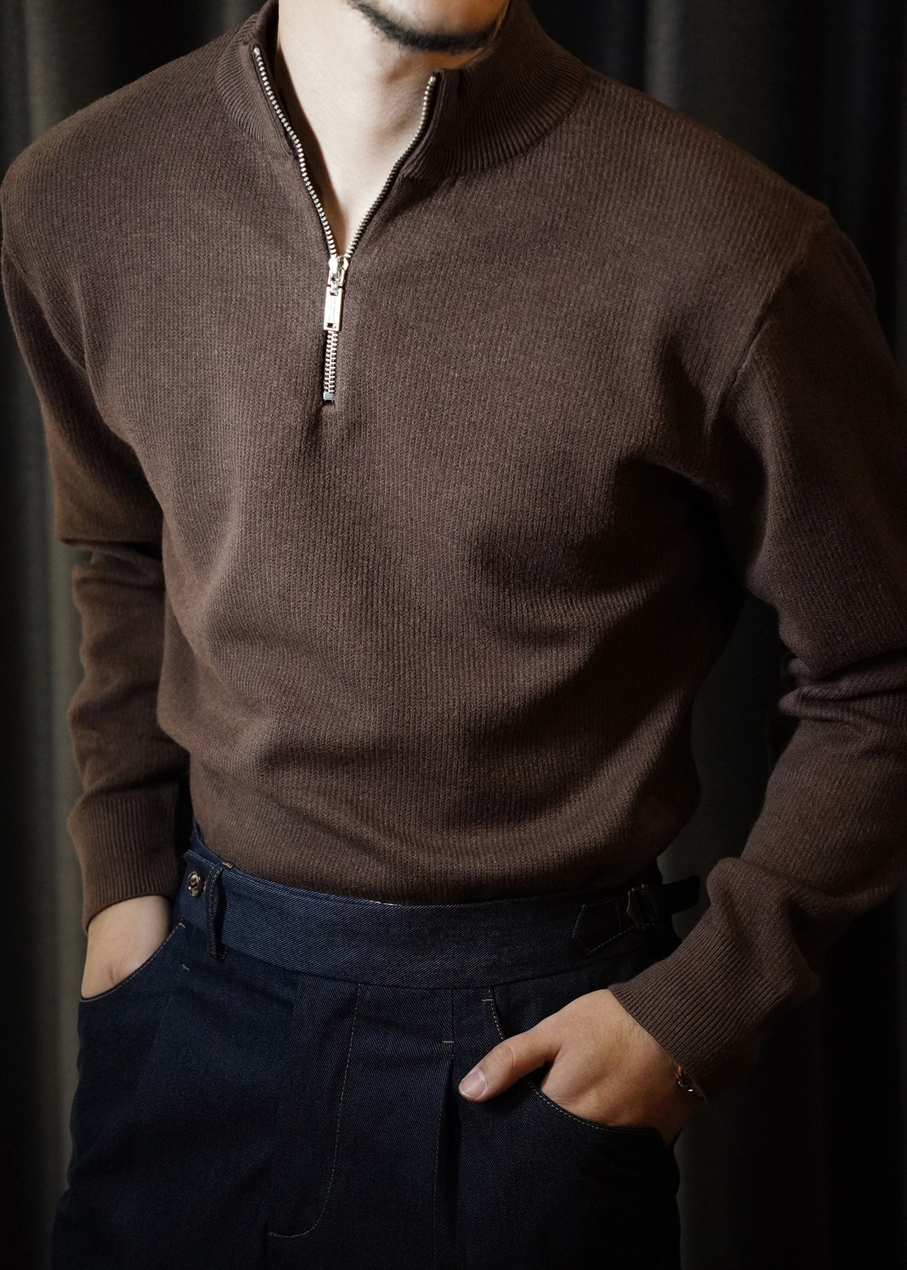 Brown Zip Up Thick Knit Mens Short Sweater Stand Collar