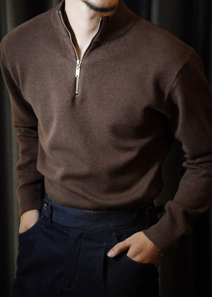 Brown Zip Up Thick Knit Mens Short Sweater Stand Collar