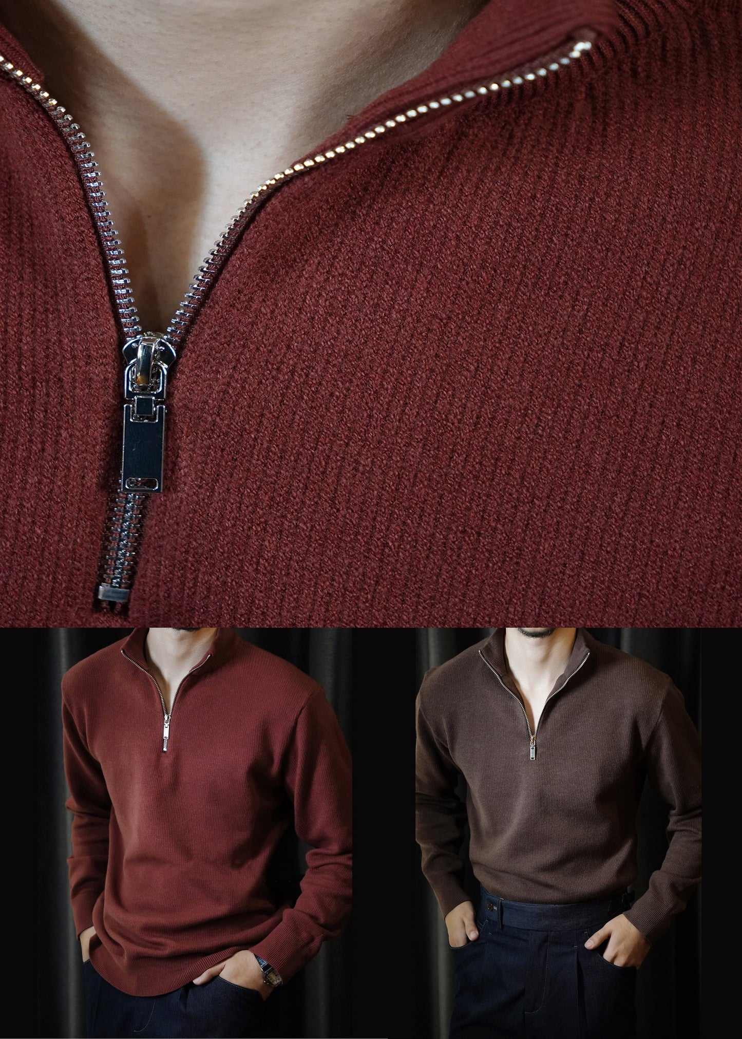 Brown Zip Up Thick Knit Mens Short Sweater Stand Collar