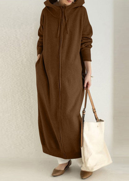 Brown Zippered Pockets Solid Warm Fleece Long Coat Hooded