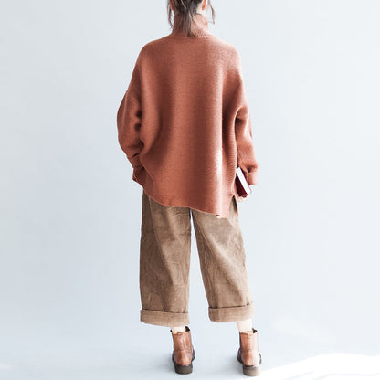Brown oversized women knit sweaters vintage turtle neck warm knit tops pullover