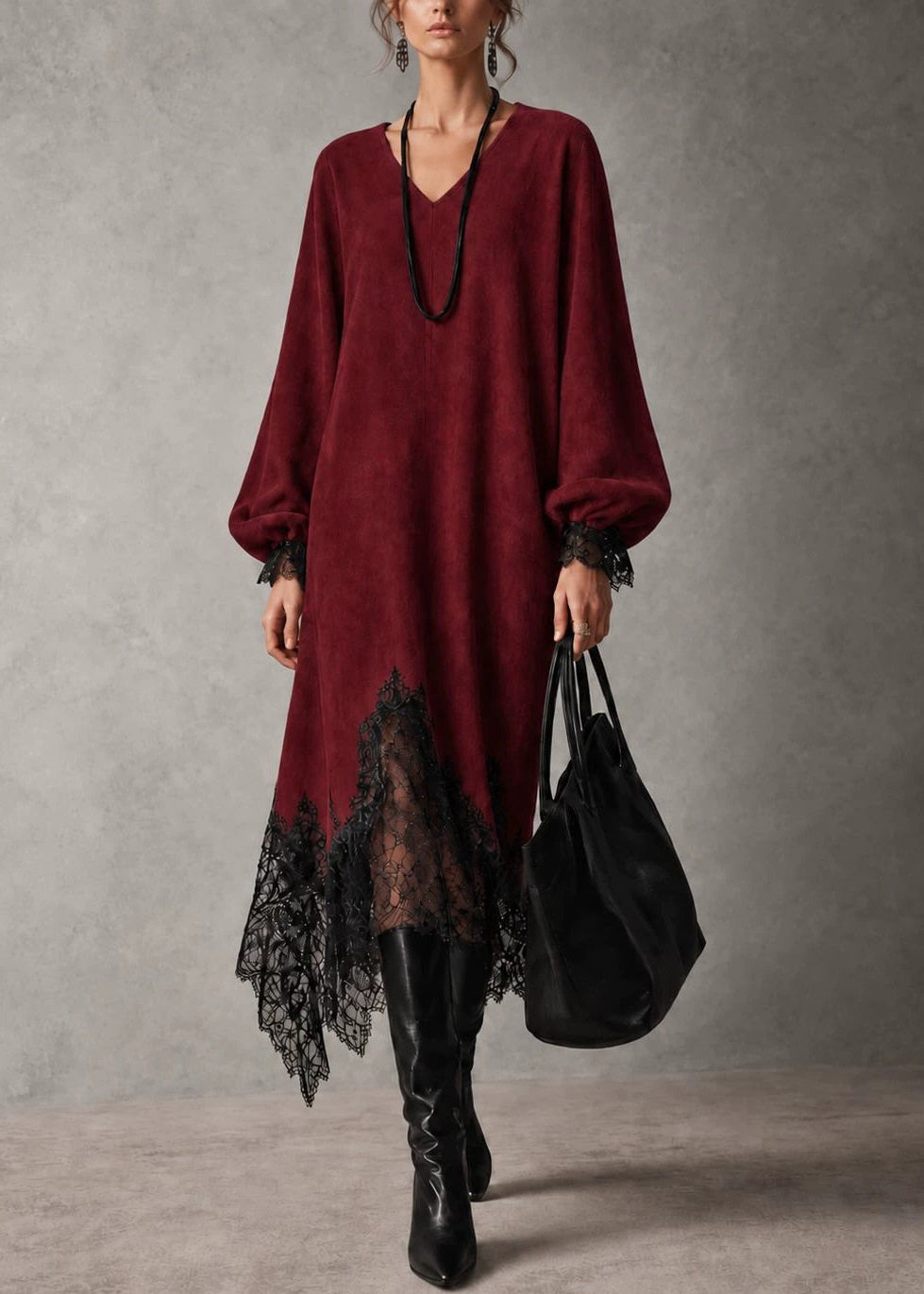 Burgundy Lace Patchwork Faux Suede Dress Asymmetrical V Neck Fall