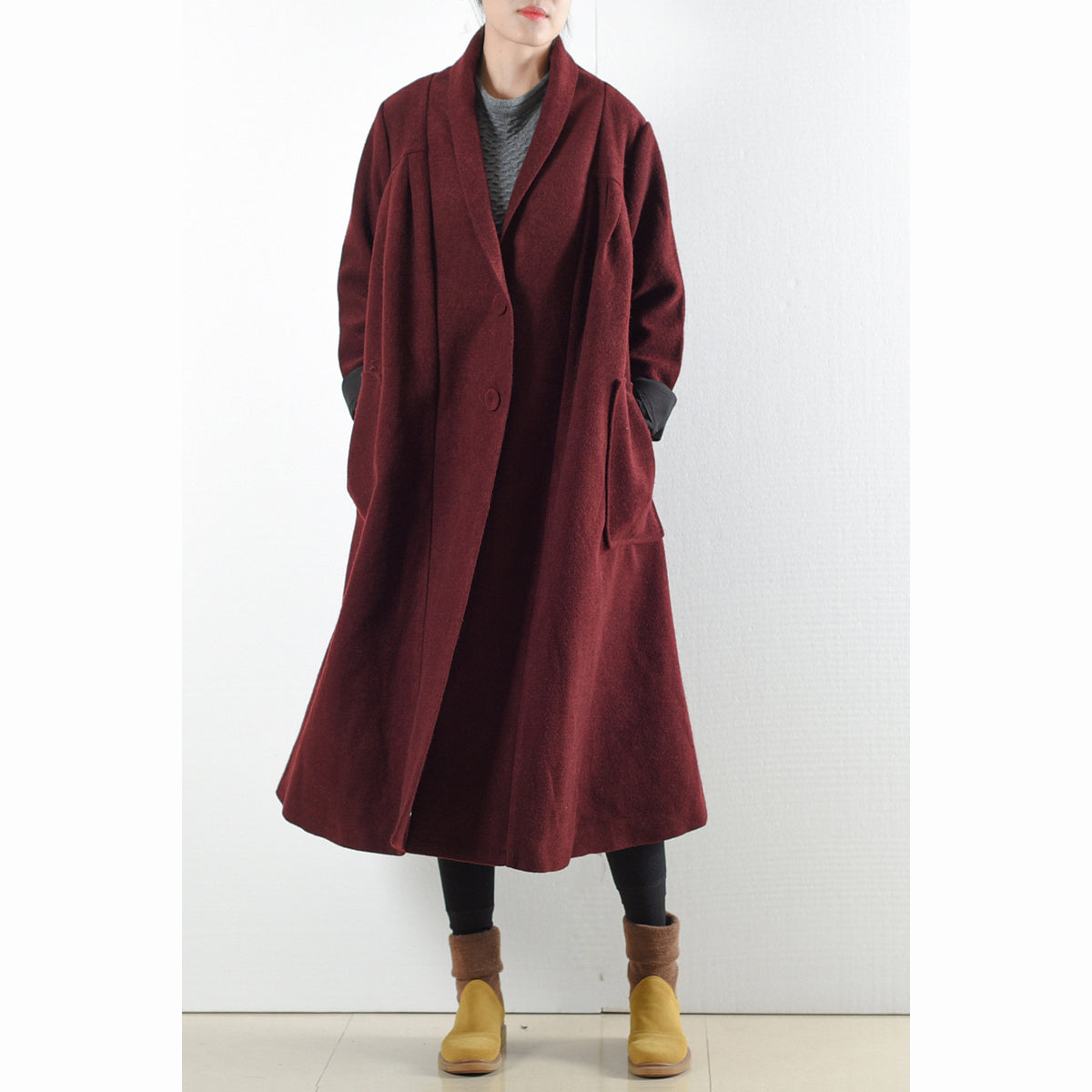 Burgundy woolen coats 2025 winter trench coats plus size cardigans