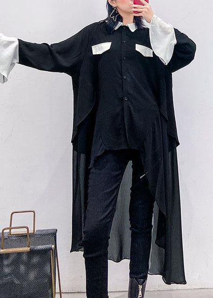 Buy black chiffon Long Shirts Work Outfits asymmetric Plus Size Clothing lapel Dresses - SooLinen