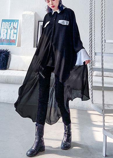 Buy black chiffon Long Shirts Work Outfits asymmetric Plus Size Clothing lapel Dresses - SooLinen