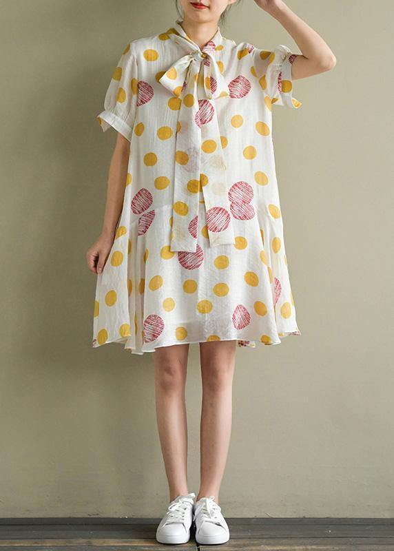 Buy lantern sleeve chiffon kaftans Fitted Neckline white dotted Art Dresses Summer - SooLinen