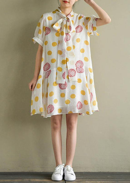 Buy lantern sleeve chiffon kaftans Fitted Neckline white dotted Art Dresses Summer - SooLinen