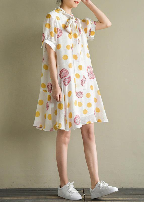 Buy lantern sleeve chiffon kaftans Fitted Neckline white dotted Art Dresses Summer - SooLinen