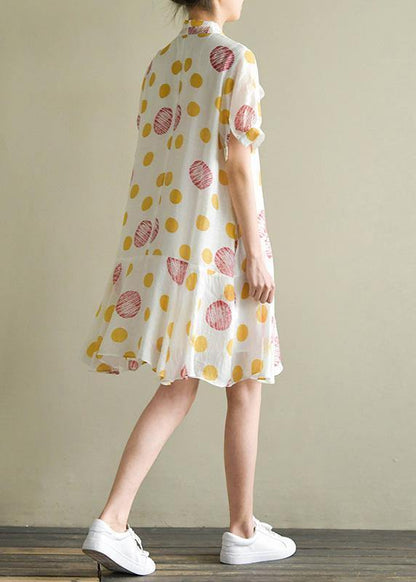 Buy lantern sleeve chiffon kaftans Fitted Neckline white dotted Art Dresses Summer - SooLinen