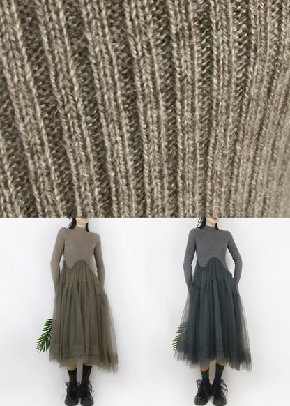 Camel Beige Ruffled Tulle Patchwork Long Sweater Turtleneck