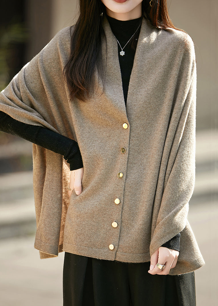 Camel Button Cozy Woolen Cape Sweater Asymmetrical Batwing Sleeve