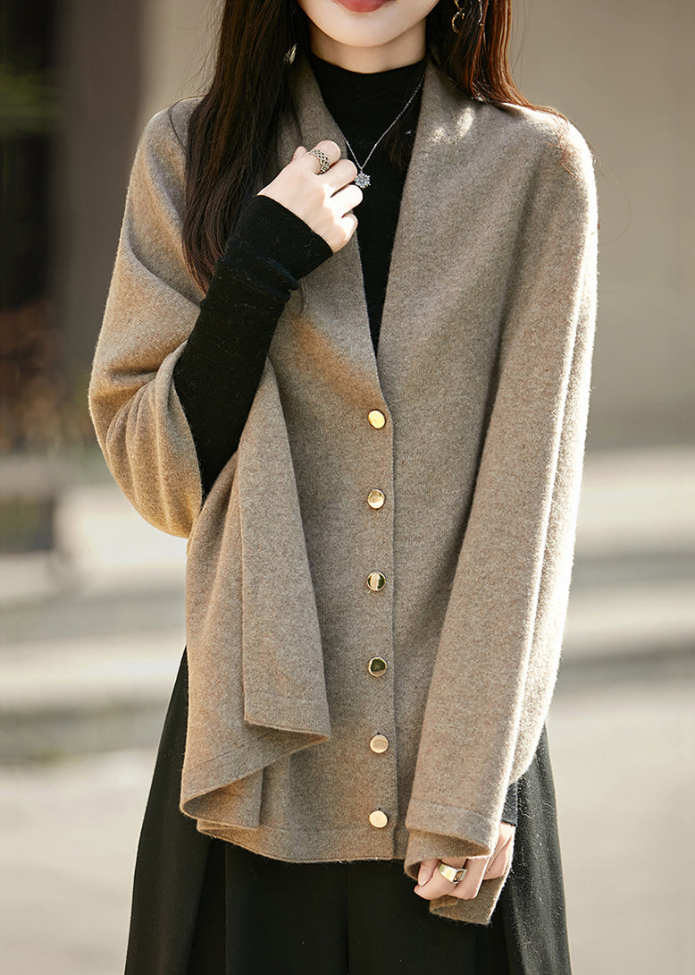 Camel Button Cozy Woolen Cape Sweater Asymmetrical Batwing Sleeve