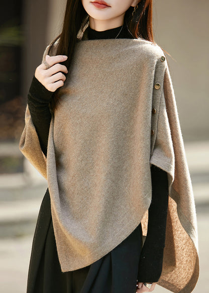 Camel Button Cozy Woolen Cape Sweater Asymmetrical Batwing Sleeve