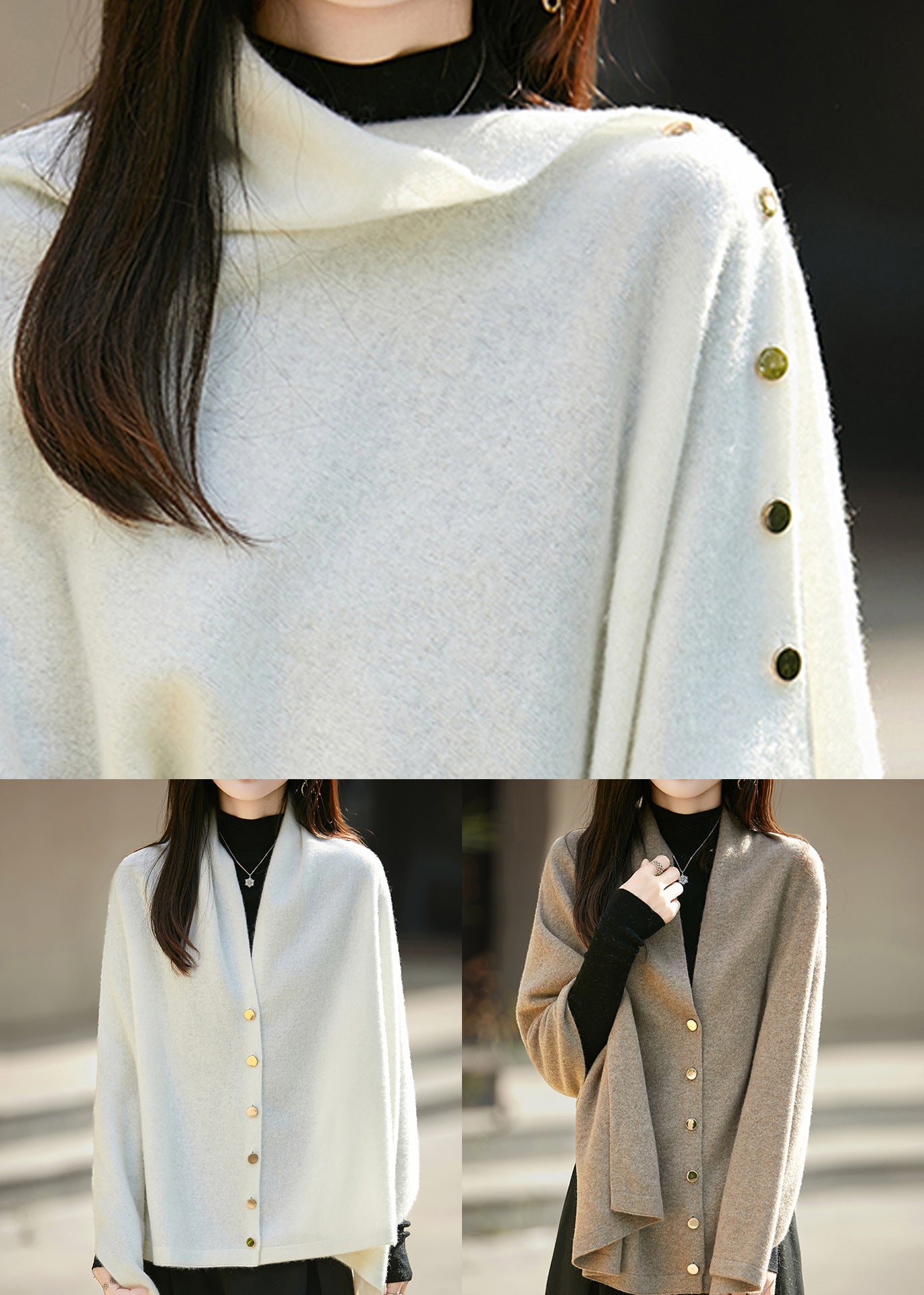 Camel Button Cozy Woolen Cape Sweater Asymmetrical Batwing Sleeve