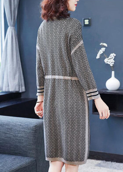 Camel Patchwork Long Knit Dress Pockets Tie Waist Long Sleeve