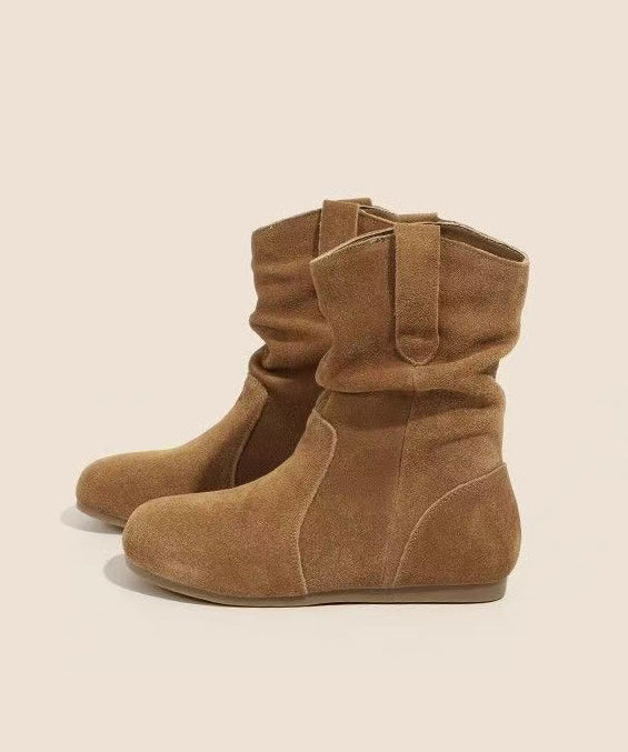 Camel Wrinkled Wedge Suede Women Splicing Boots