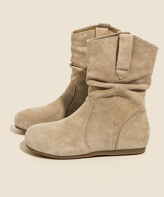 Camel Wrinkled Wedge Suede Women Splicing Boots