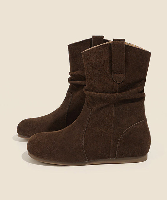 Camel Wrinkled Wedge Suede Women Splicing Boots