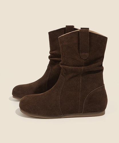 Camel Wrinkled Wedge Suede Women Splicing Boots
