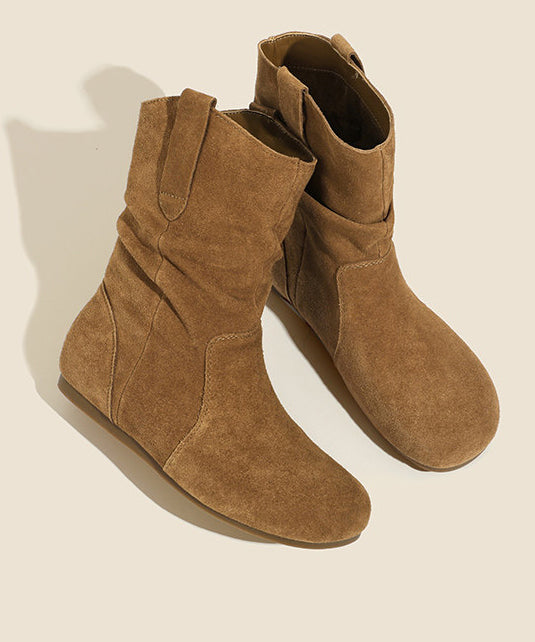 Camel Wrinkled Wedge Suede Women Splicing Boots
