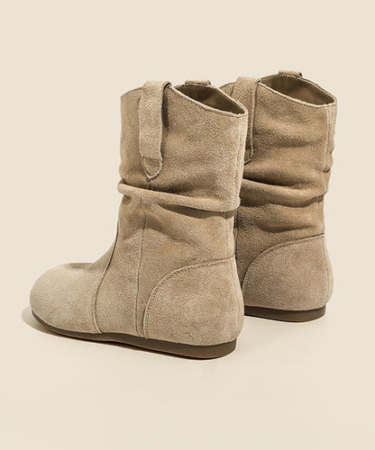 Camel Wrinkled Wedge Suede Women Splicing Boots