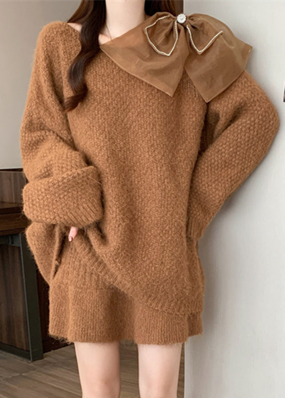 Caramel Bow Patchwork Cotton Knit Sweaters And Skirts Two Pieces Set Lantern Sleeve
