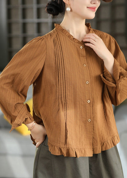 Caramel Button Patchwork Cotton Shirt Tops Ruffled Fall