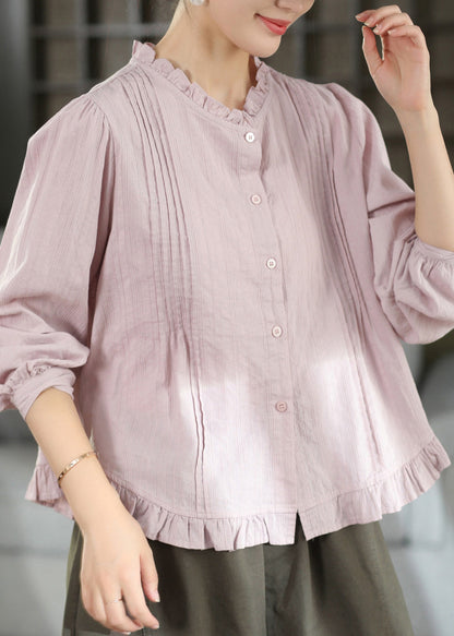 Caramel Button Patchwork Cotton Shirt Tops Ruffled Fall