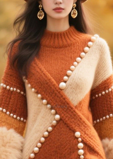 Caramel Patchwork Faux Fur Long Knit Dress Handmade Nail Bead Winter