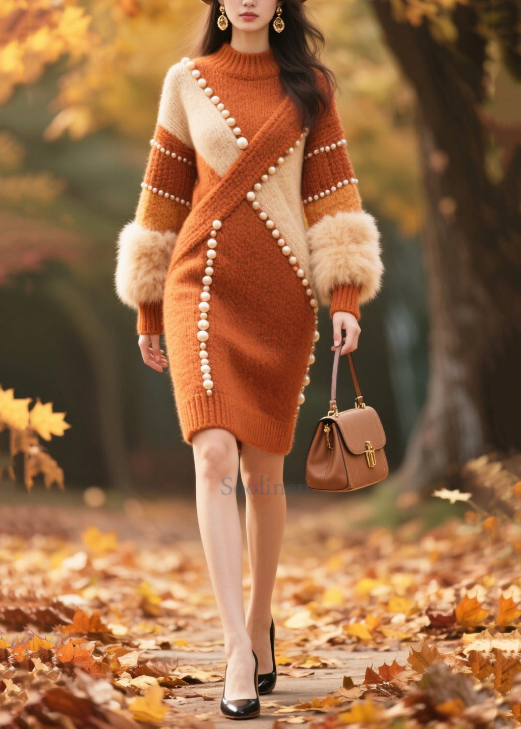 Caramel Patchwork Faux Fur Long Knit Dress Handmade Nail Bead Winter