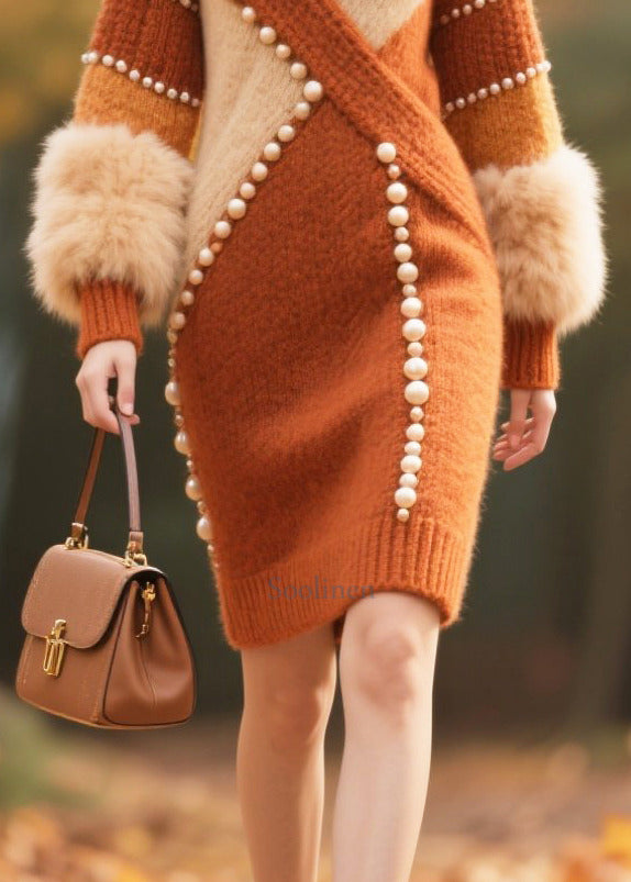 Caramel Patchwork Faux Fur Long Knit Dress Handmade Nail Bead Winter